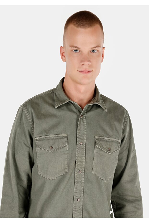 Regular Fit Klasik Yaka Düz Erkek Yeşil Uzun Kol Gömlek - 4