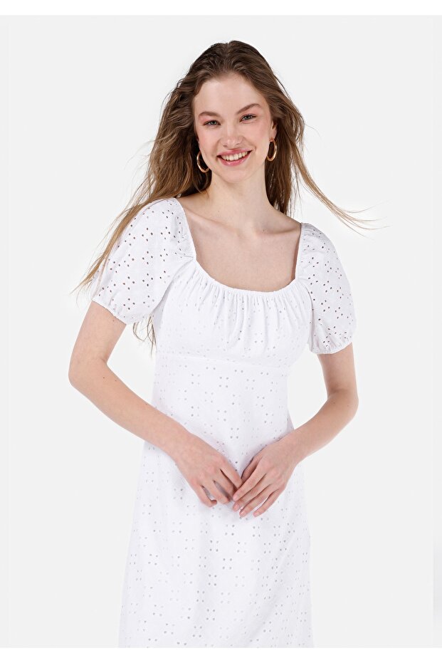 White Embroidered Puffy Sleeves Regular Cut Women's Dress