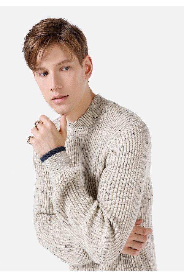 Regular Fit Turtle Neck Jakarlı Erkek Taş Kazak - 4