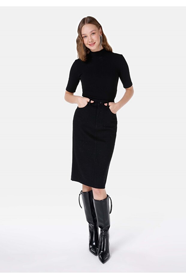 Regular Fit Plain Buttoned Women's Dark Blue Skirt