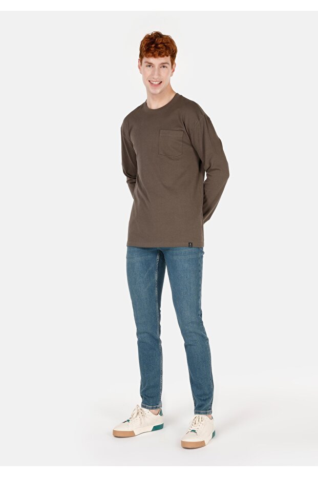 Regular Fit Yuvarlak Yaka Düz Pamuklu Erkek Yeşil Uzun Kol Tişört - 3