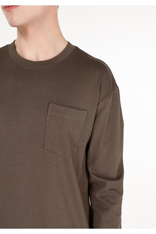 Regular Fit Yuvarlak Yaka Düz Pamuklu Erkek Yeşil Uzun Kol Tişört - 5