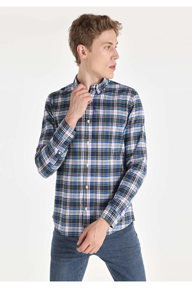 Slim Fit Kareli Çok Renkli Erkek Uzun Kol Gömlek - 1