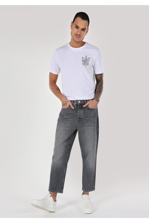 Loose Relaxed Fit Drop Crotch Kısa Paça Erkek Gri Jean Pantolon - 1