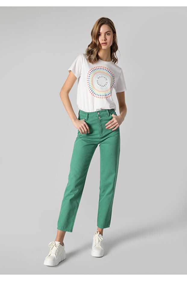 Regular Fit Yüksek Bel Düz Paça Kadın Yeşil Pantolon - 1