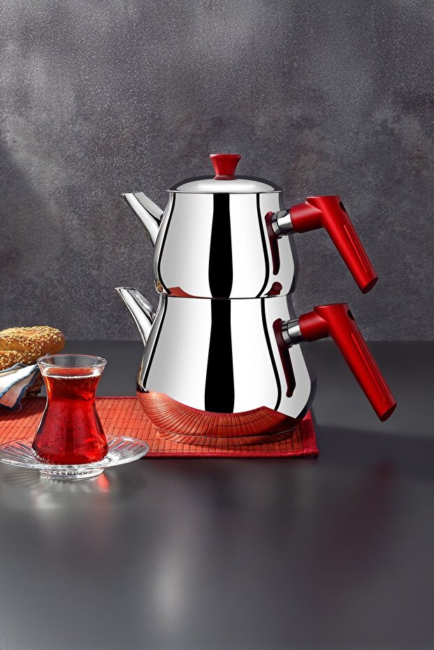 Çaykara Soft Mini Çelik Çaydanlık Takımı - Gri / Kırmızı - 1,2 lt + 800 ml - 3