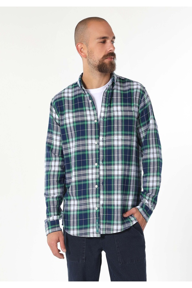 Regular Fit Shirt Neck Ekoseli Erkek Lacivert Uzun Kol Gömlek - 4