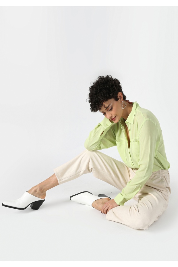 Baggy Fit Yüksek Bel Düz Paça Kadın Ekru Pantolon - 1