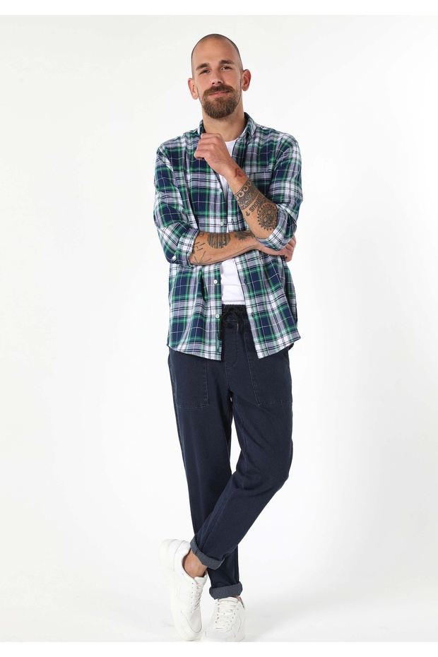Regular Fit Shirt Neck Ekoseli Erkek Lacivert Uzun Kol Gömlek - 3