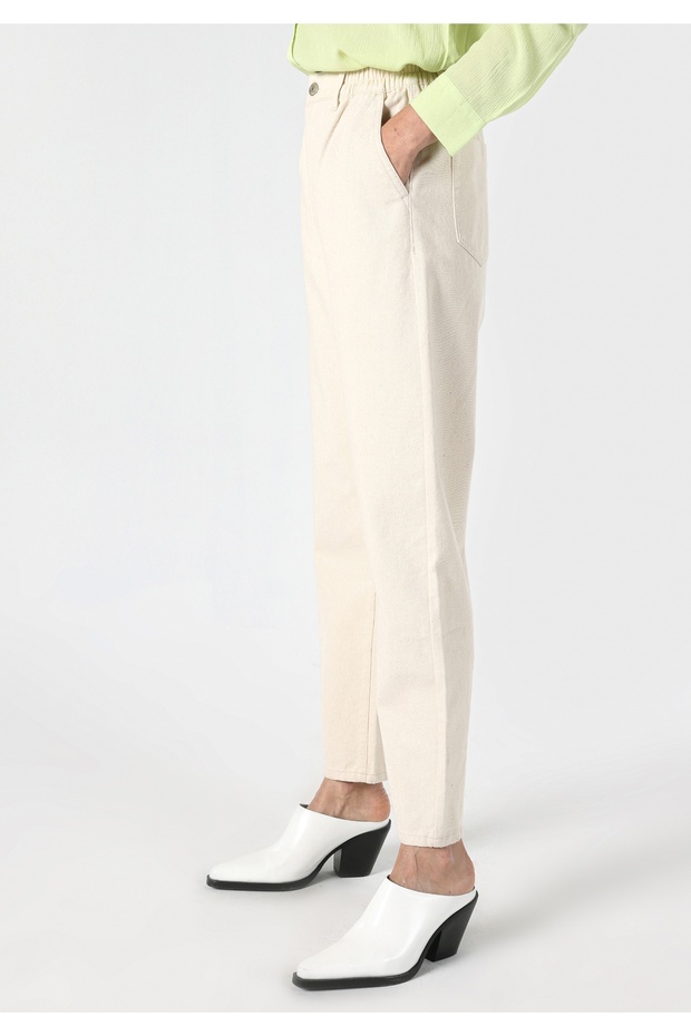 Baggy Fit Yüksek Bel Düz Paça Kadın Ekru Pantolon - 5