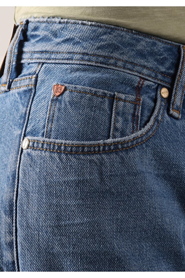 Regular Fit Orta Bel Düz Erkek İndigo Denim Jean Şort - 6
