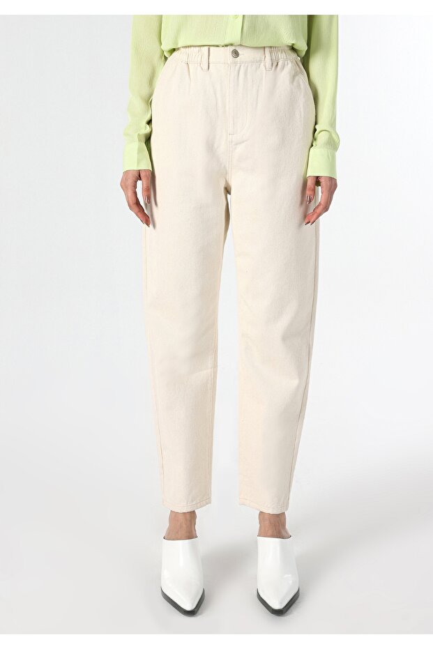 Baggy Fit Yüksek Bel Düz Paça Kadın Ekru Pantolon - 4
