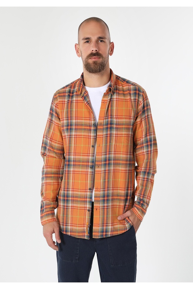 Regular Fit Ekoseli Sarı Erkek Uzun Kol Gömlek Cl1061639 - 4