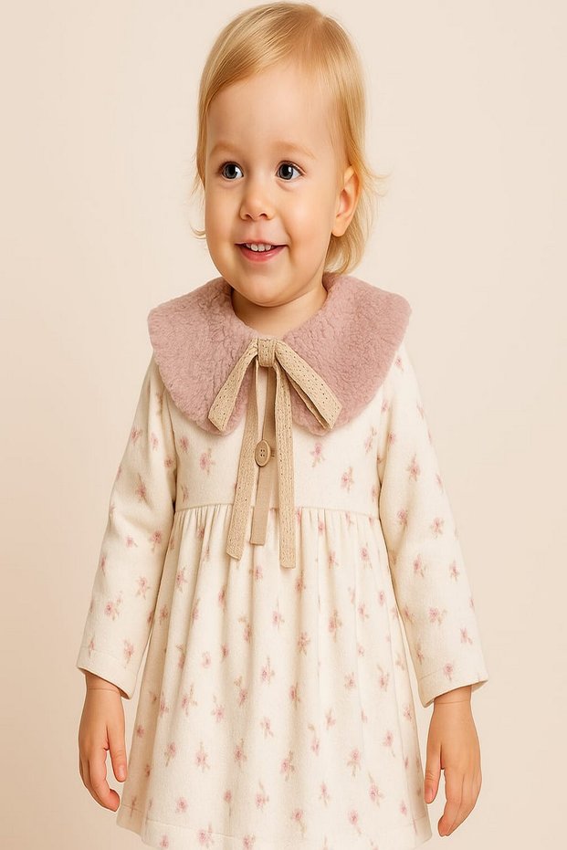 Baby Girl Removable Plush Collar Floral Print Long Sleeve Dress 3-6-9-12-18-24 Months