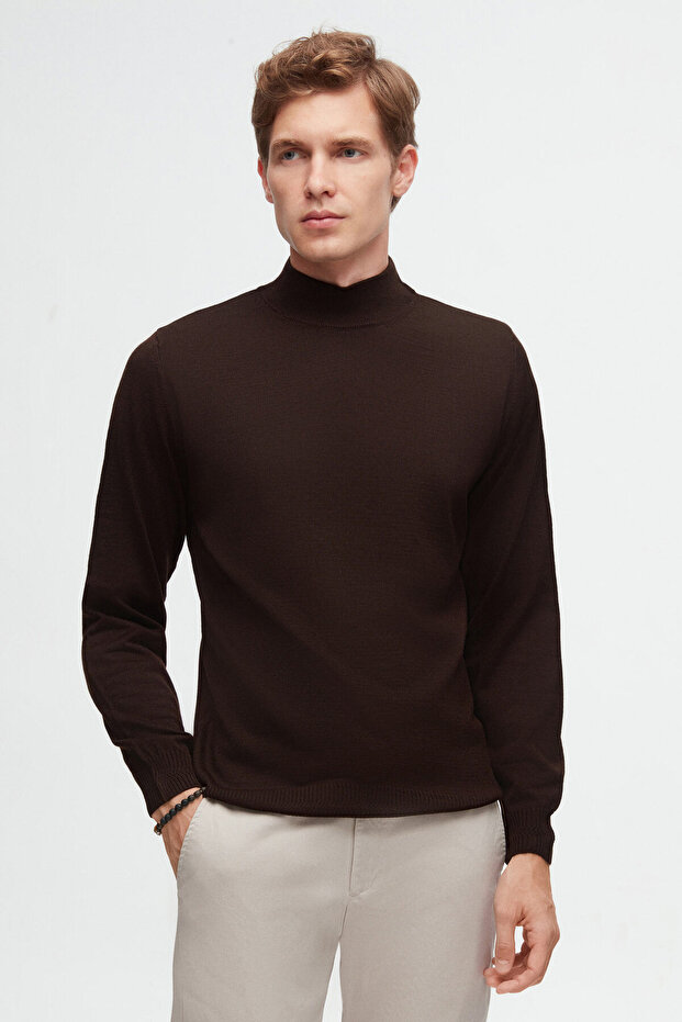 Ds Damat Regular Fit Brown Plain Knit Half Fisherman Wool Knitwear Sweater
