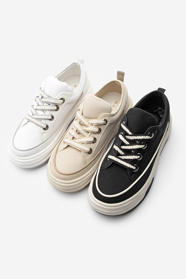 Damen Sneakers mit hoher Sohle aus Leinenstoff, Schnürschuhe, Sportschuhe, Hesna, Beige - 8