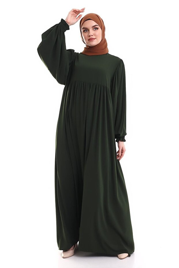 Roba Detailed Balloon Sleeve Flowing Ponch Dress Green