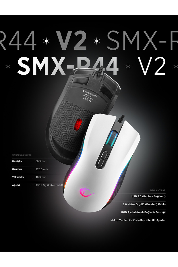 Smx-r44 V2 Makrolu Beyaz 12800 Dpı Rgb Usb Drag Click Örgü Kablo Pro Gaming Oyuncu Mouse - 5