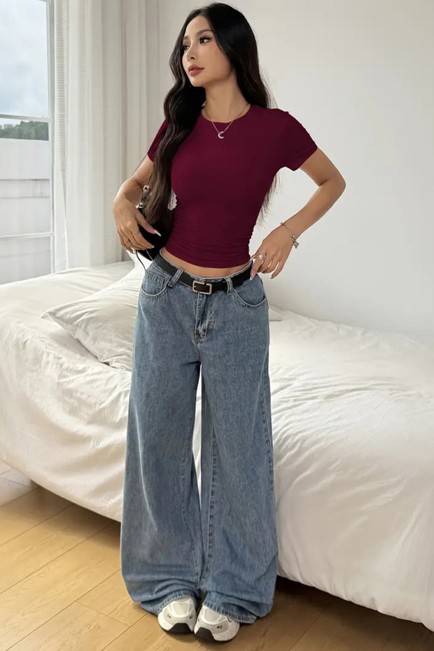 Bordo Bisiklet Yaka Basic Kadın Tişört - 4