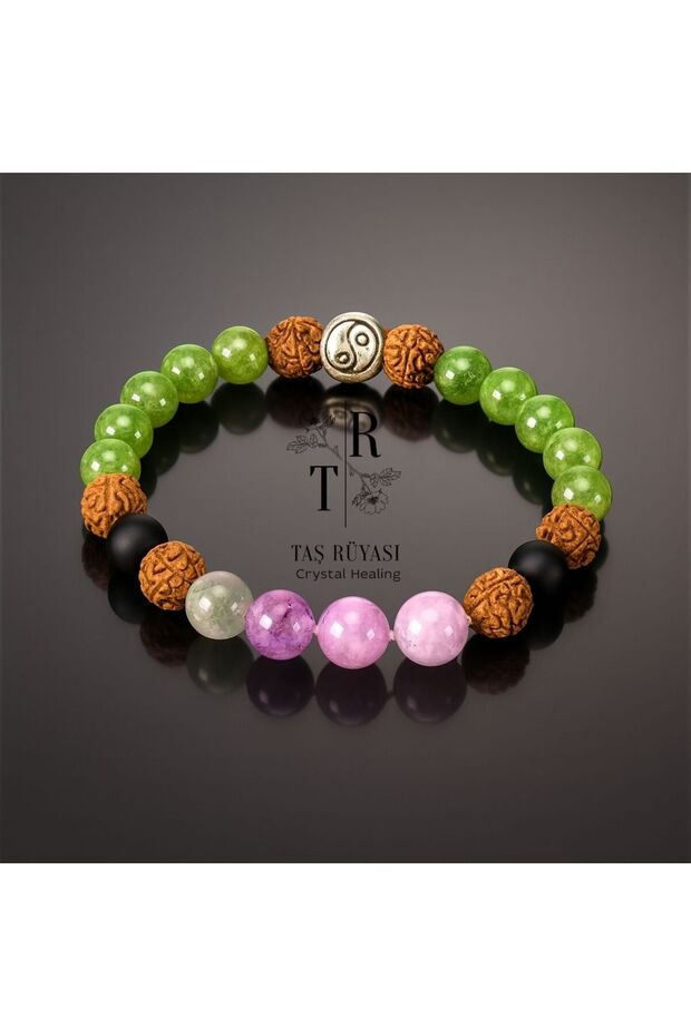 8 mm (18 cm) Amethyst Jade Stone - Matte Obsidian Rudraskha Seed Bracelet