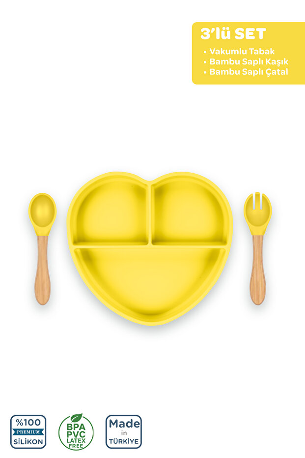 Silicone Feeding Set 3-Piece Sunrise Yellow / Food Plate, Bamboo Handle Food Spoon and Fork