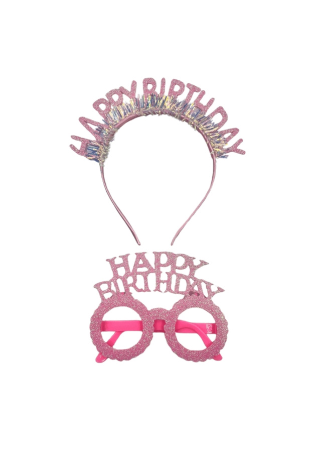 Pink Happy Birthday Written Crown and Party Glasses