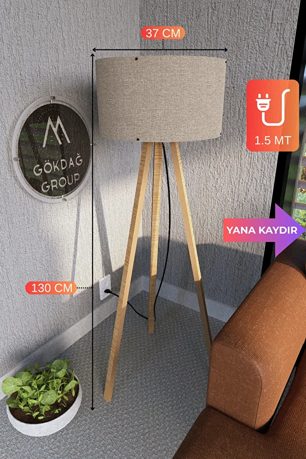 3 Ayaklı MEGA BOY Tripod Lambader Abajur Vizon Kumaş Başlık - 1