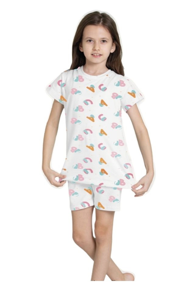 Girls' Cat Patterned 100% Cotton Short Sleeve Shorts Summer Pajamas Set