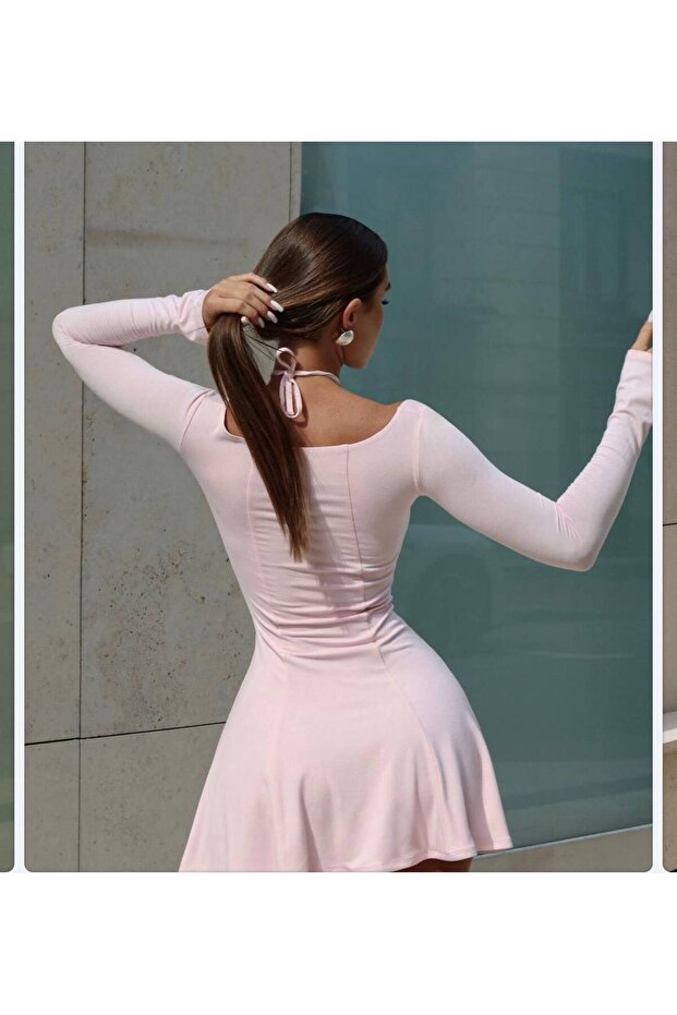 KADIN UZUN KOLLU KLOŞ MİNİ ELBİSE - 8