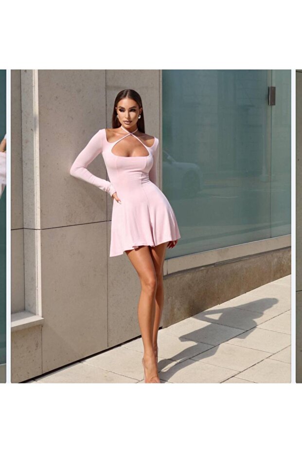 KADIN UZUN KOLLU KLOŞ MİNİ ELBİSE - 9