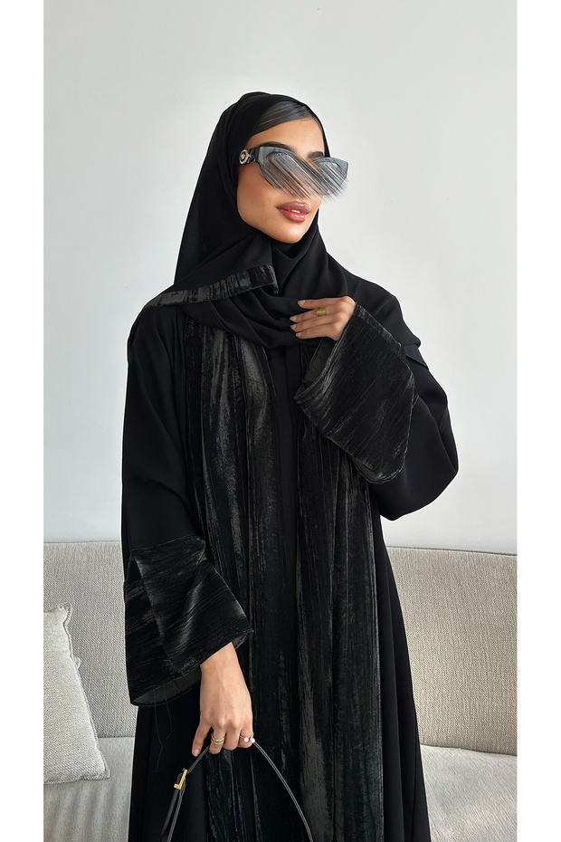 عباية شتوية متعددة الأقمشة بتصميم A Line ومخمل زيتي فخم - 5