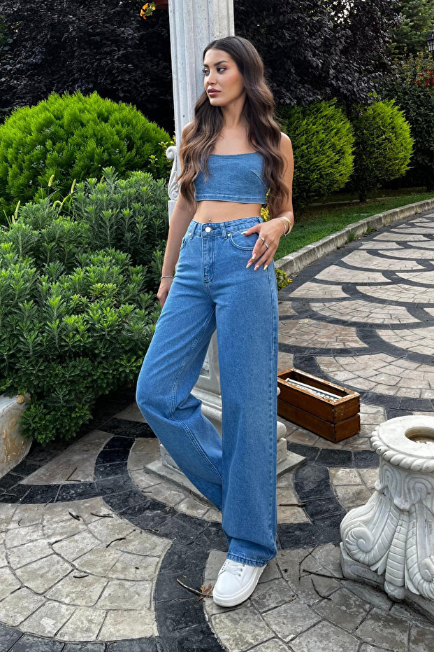 Ciemnoniebieskie dżinsy z szeroką nogawką i wysokim stanem - 6