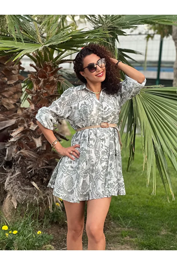 Desenli A Form Astarlı Mini Elbise | Kuşaklı, Uzun Kollu, Modal Kumaş - 1