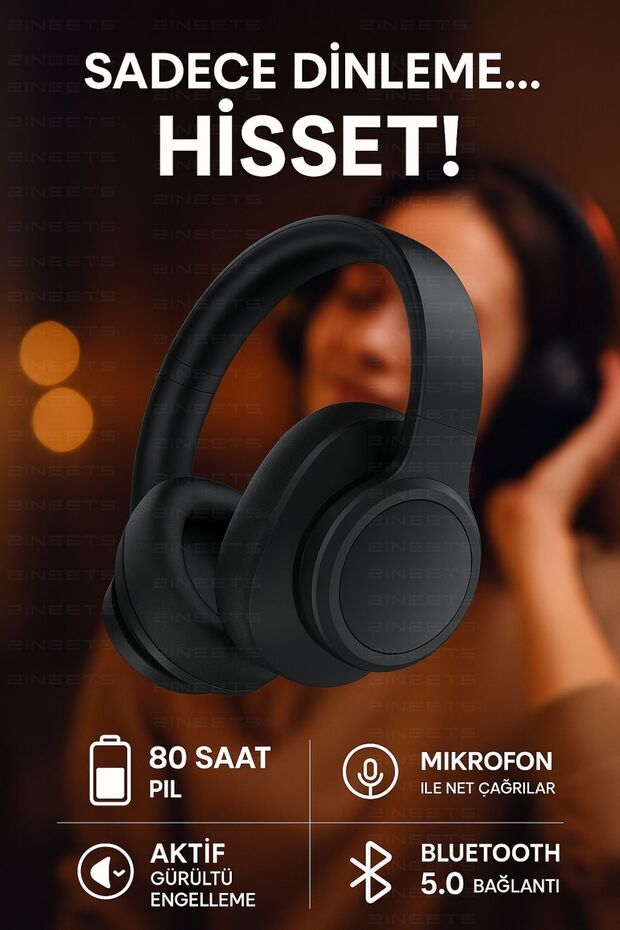 Kablosuz Kulaklık Bluetooth Mikrofonlu Kulaküstü Kulaklık Katlanabilir Siyah Android İos Uyumlu - 7