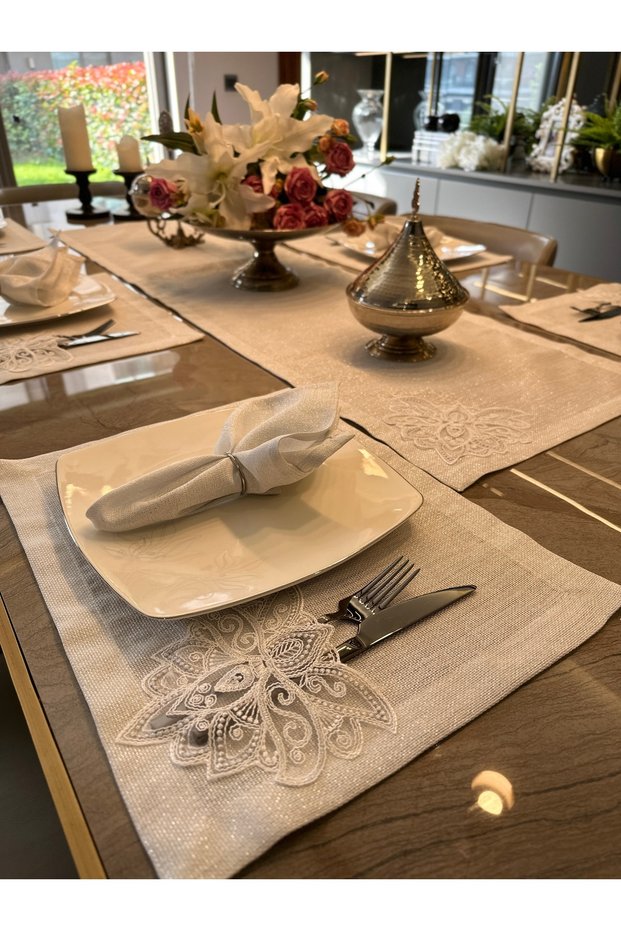 25 Piece 12 Person Linen French Lace Silver Glitter White American Dinner Set, Napkin and Runner Set
