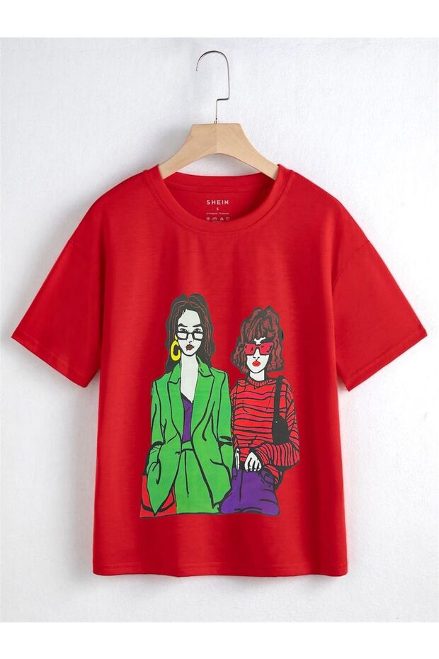 Women's Street Fashion Two Character Printed Oversize T-Shirt
