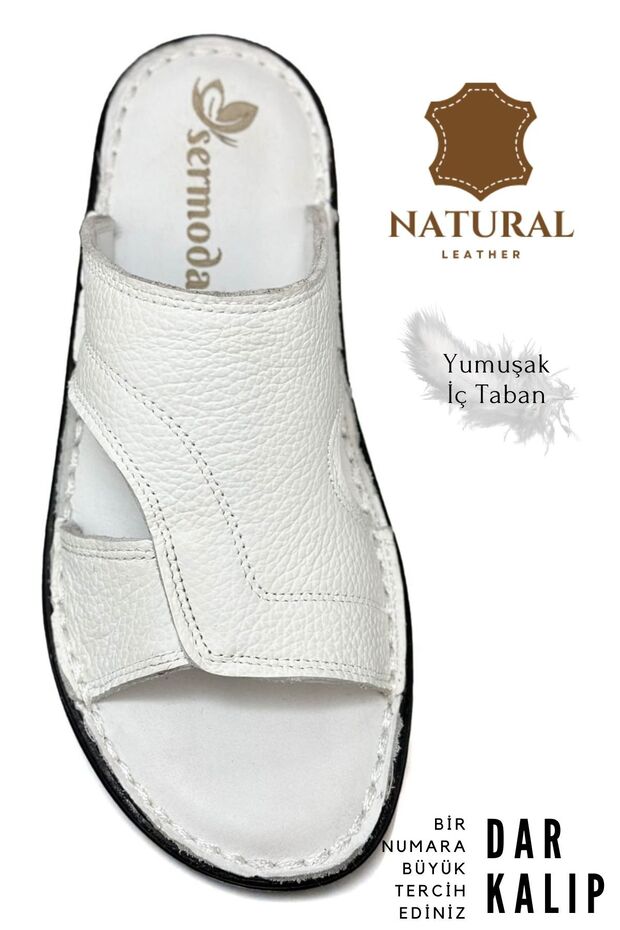 Genuine Real Leather Men's Slippers Lightweight Slippers Leather A. Şır Beyaz