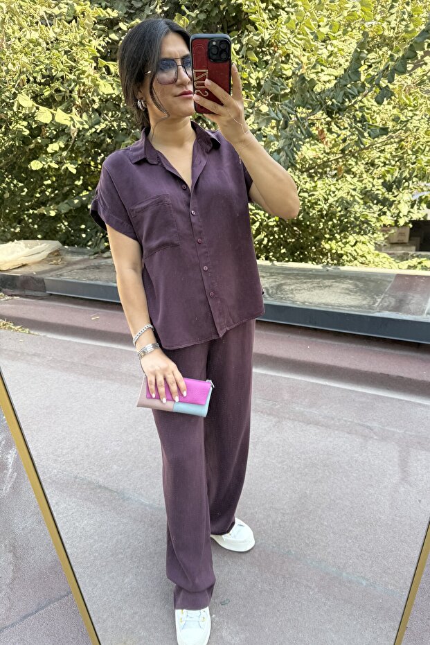 Plum Color 100% Cotton Short Sleeve Shirt Pants Suit 1004