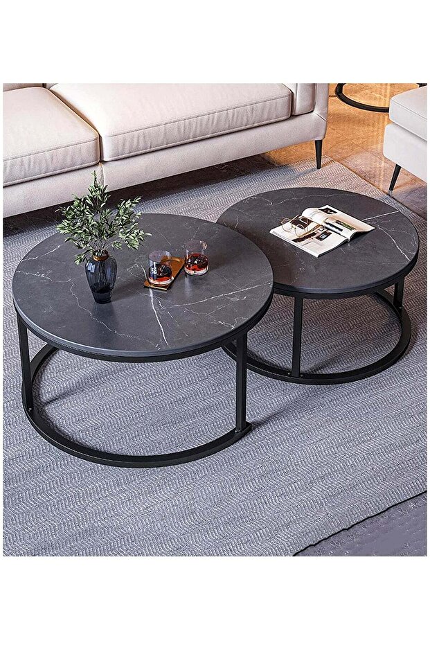 Nested Round Coffee Table Set of Two (Large 80*45 cm and Small 60*38 cm) - 2