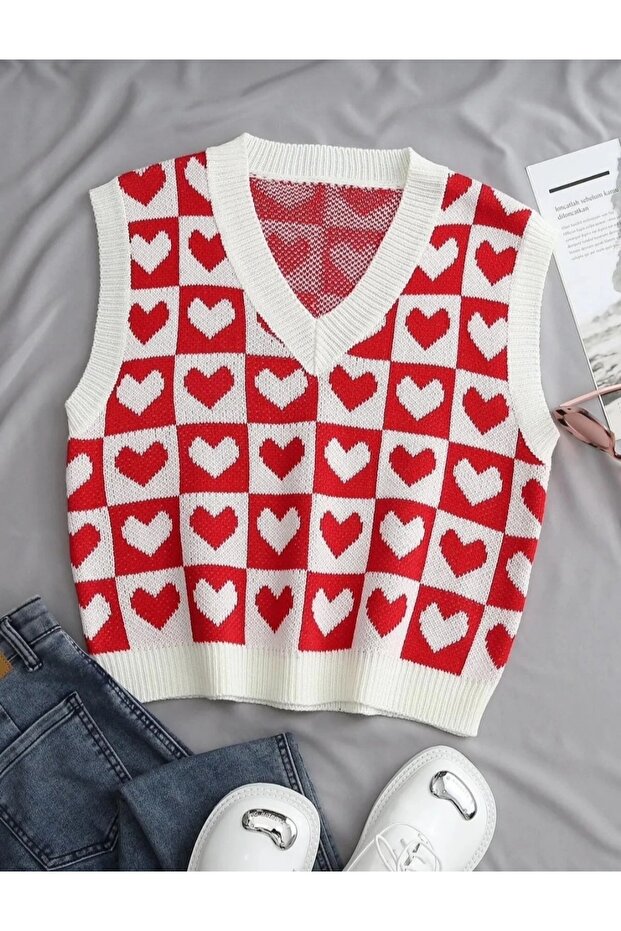 Kadın kırmızı oversize triko süveter - 1