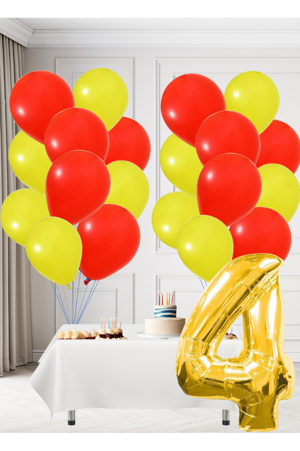 4 Year Old Yellow Red Fan Themed Birthday Set Yellow Red Balloons Gold Foil Number