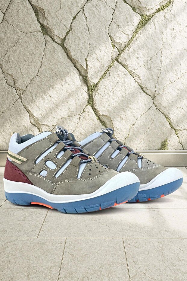 Genuine Leather Sand Burgundy Elastic Lace-up Kids' Outdoor Shoes