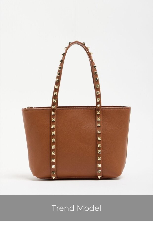 Tan Women's Staple Detailed Pu Leather Buckle Hand and Shoulder Bag
