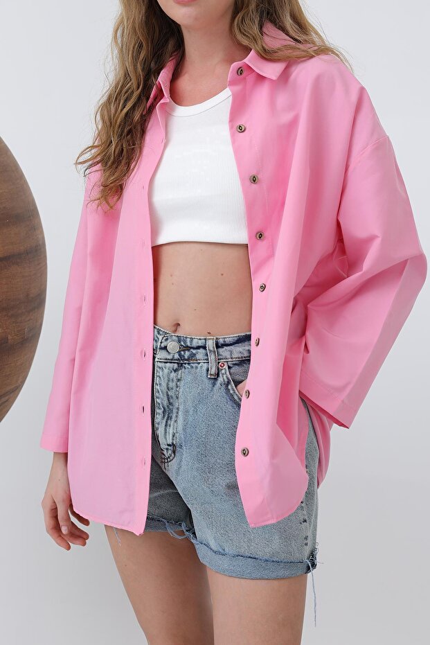 Kadın Geniş Kollu Basic Pamuklu Gömlek - 20655GML - Pembe - 3