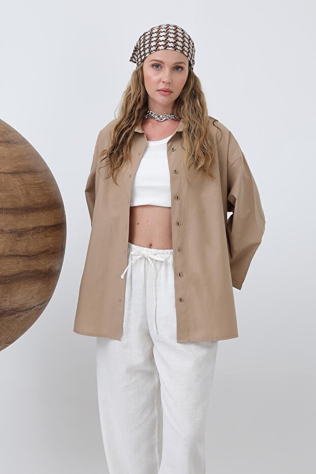 Kadın Kol Detaylı Basic Gömlek - 20655GML - DARK BEIGE - 2