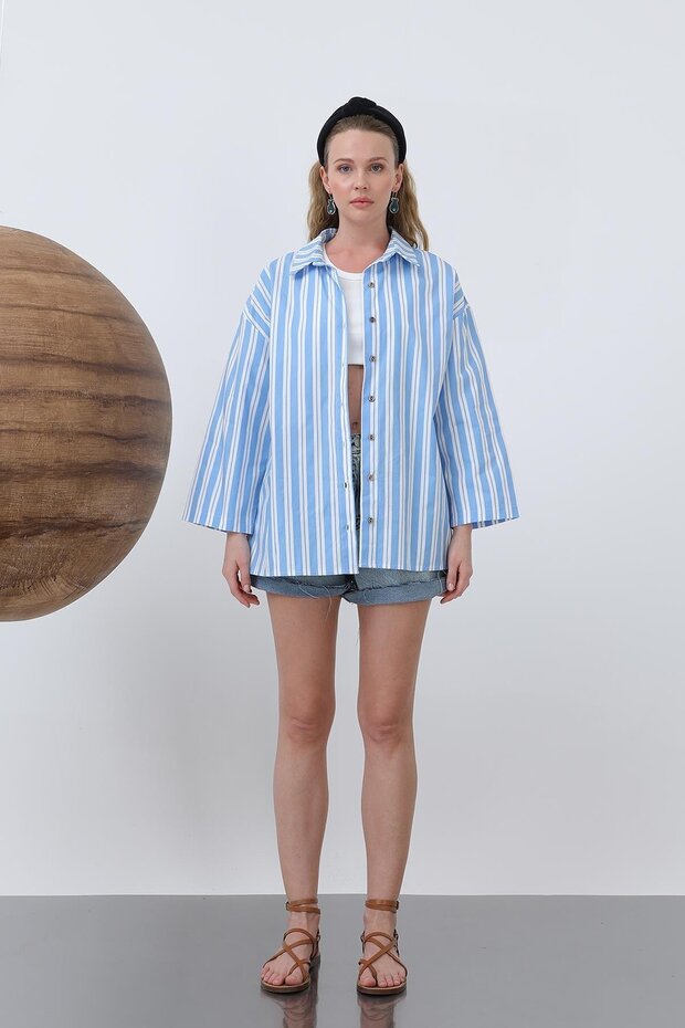 Kadın Kol Detaylı Basic Gömlek - 20655GML - Mavi-Ekru - 4