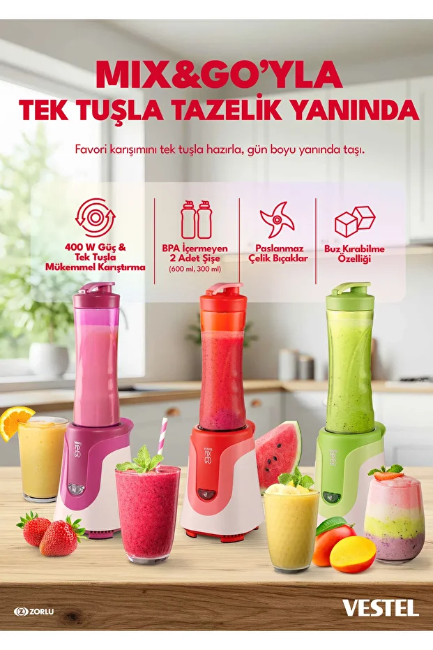 Mix&go Kişisel Smothie Blender, Kırmızı (300 W, 1 ADET 600 ML ŞİŞE VE 1 ADET 300 ML ŞİŞE) - 2