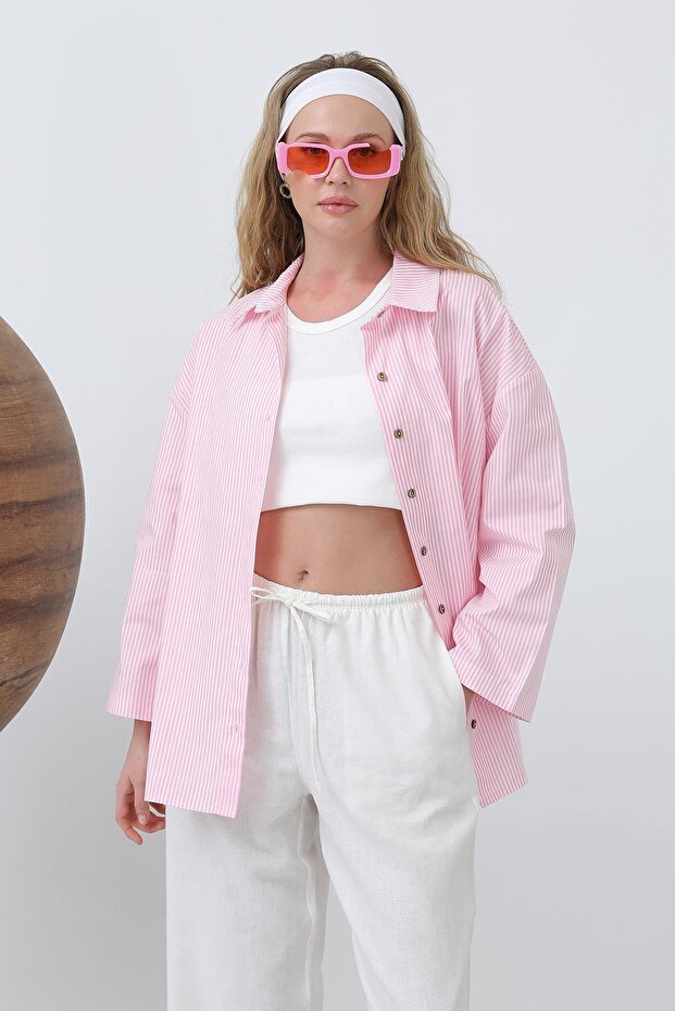 Kadın Geniş Kollu Basic Pamuklu Gömlek - 20655GML - Pudra - 2