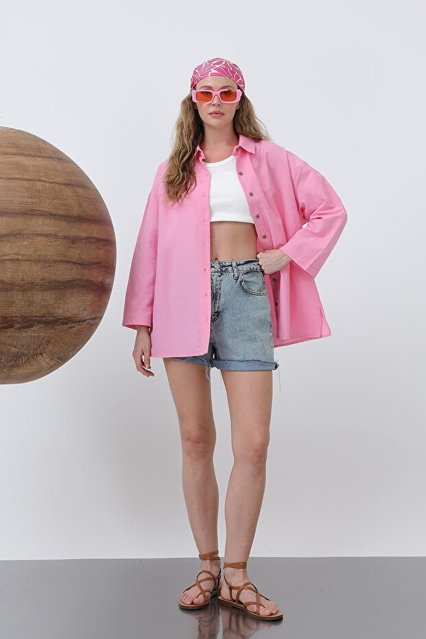 Kadın Geniş Kollu Basic Pamuklu Gömlek - 20655GML - Pembe - 1