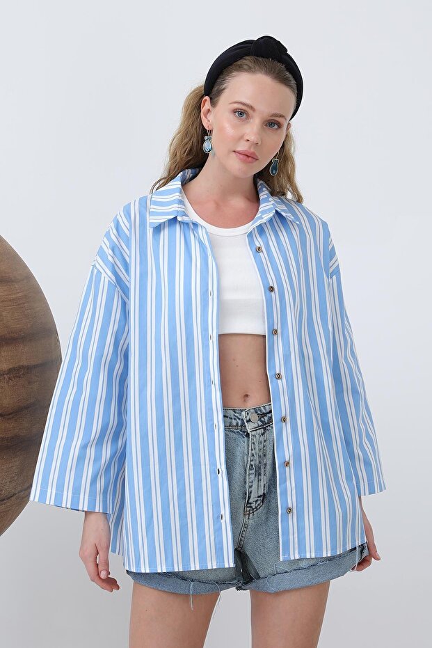 Kadın Kol Detaylı Basic Gömlek - 20655GML - Mavi-Ekru - 2